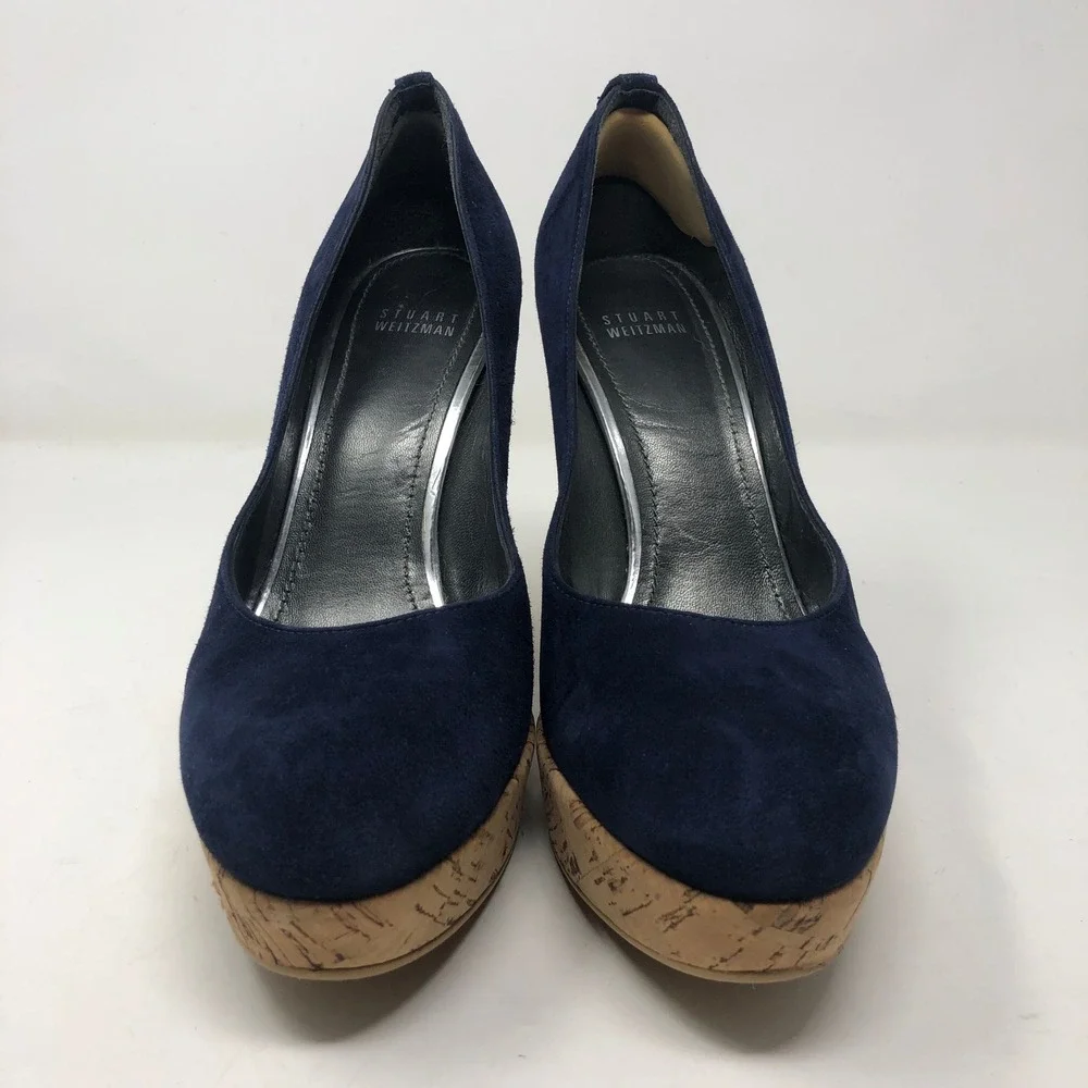Stuart Weitzman Wedge Pumps Womens 9.5 Navy Blue Suede Cork Platform